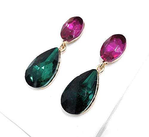 Pendientes largos mujer bisutería cristales de colores fiesta boda chapado plata, fucsia verde