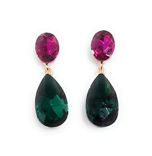 Pendientes largos mujer bisutería cristales de colores fiesta boda chapado plata, fucsia verde