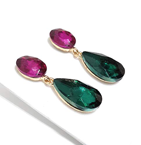 Pendientes largos mujer bisutería cristales de colores fiesta boda chapado plata, fucsia verde