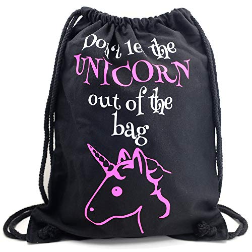 PREMYO Bolsa de Cuerdas Saco de Gimnasio Deporte Mochila Mujer Hombre con Dicho Impresión Unicornio Rosa Práctico Cómodo Cordón Robusto Algodón Negro