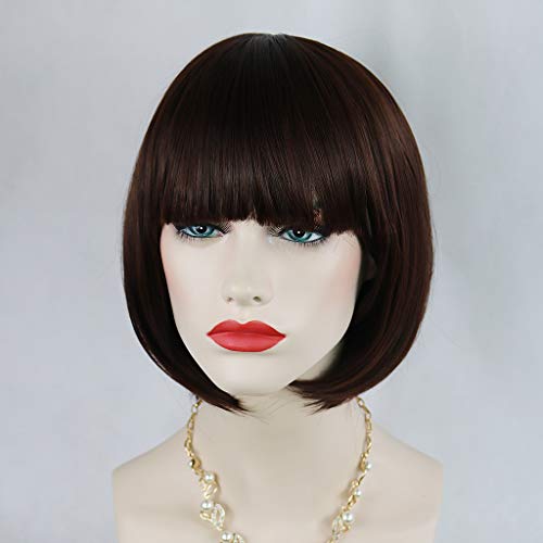 Quesuc short bob wig peluca marrón oscuro para mujer, peluca sintética recta corta con gorro de pelo liso