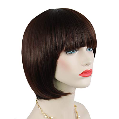 Quesuc short bob wig peluca marrón oscuro para mujer, peluca sintética recta corta con gorro de pelo liso