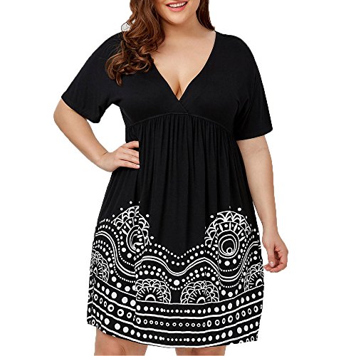 ReooLy Fashion Womens Plus Size Empire Waist A Line Impreso Vestido de Manga Corta con Cuello en V(Negro,XL)