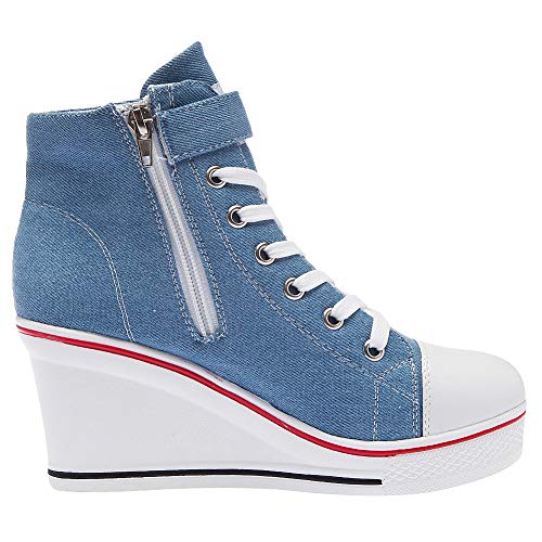 rismart Mujer Cuñas Zapatos De Lona High-Top Casuales Cremallera de Moda Zapatillas Talla Grande SN02438(Azul,37.5 EU)