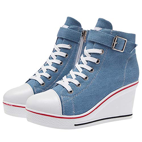 rismart Mujer Cuñas Zapatos De Lona High-Top Casuales Cremallera de Moda Zapatillas Talla Grande SN02438(Azul,37.5 EU)