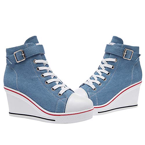 rismart Mujer Cuñas Zapatos De Lona High-Top Casuales Cremallera de Moda Zapatillas Talla Grande SN02438(Azul,37.5 EU)