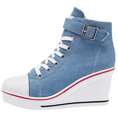 rismart Mujer Cuñas Zapatos De Lona High-Top Casuales Cremallera de Moda Zapatillas Talla Grande SN02438(Azul,37.5 EU)