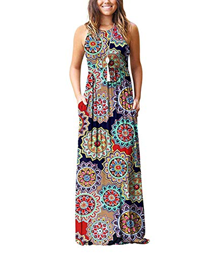 Rojeam Casual Vestidos para Mujer Largo Elegante Vestido para Verano Otoño Cuello Redondo con Bolsillos