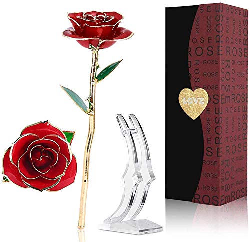 Rosa de Oro 24K,Rosa Eterna Flores Chapadas en Oro con Base Soporte Transparente y Caja de Regalo para el Día de San Valentín,el Día de Madre, Mujer,Novia, Esposa,Aniversario,Cumpleaños Regalo