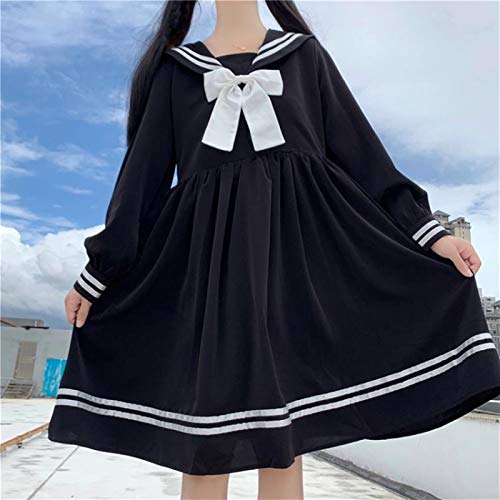 Rpaio Lolita Vestido Streetwear Camisa Vestido de Mujer otoño japonés Estilo Oscuro Estilo Azul Marino Manga Larga Arco Dulce Cintura Plisada Marinero Vestido Escuela niña Uniforme