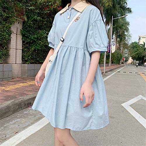 Rpaio Vestido de Lolita Streetwear Vestido de Camisa Mujeres de Manga Corta Kawaii Kawaii Dulces Midi Vestidos Holiday Chic A-Line Popular Flojo Solapa Soft Japonés (Color : Blue, Size : Small)