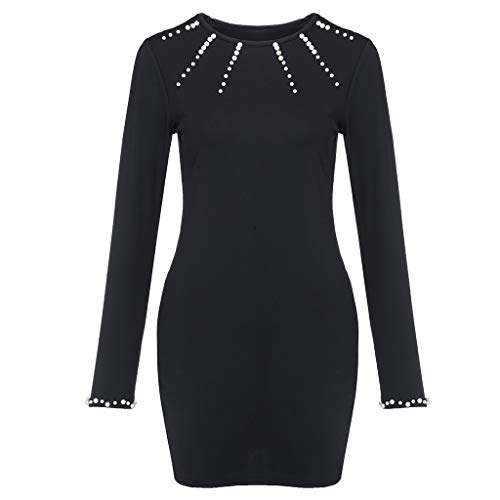 SEEGOU Vestido para mujer con perlas, vestido de cóctel a la moda, manga larga, ajustado, suéter, para fiestas, cócteles, mini vestido de noche Negro 36 EU