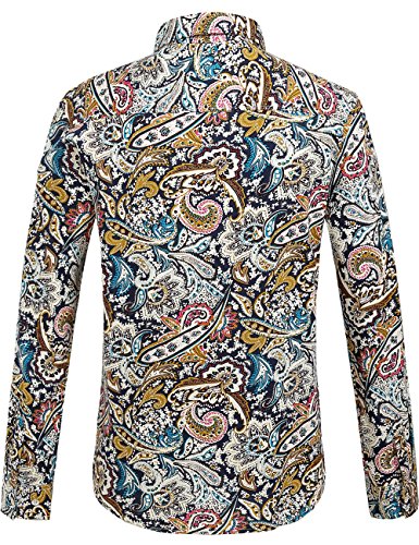 SSLR Camisa Estampado Cachemir Floral Manga Larga de Algodón de Hombre (Medium, Rojo Azul)