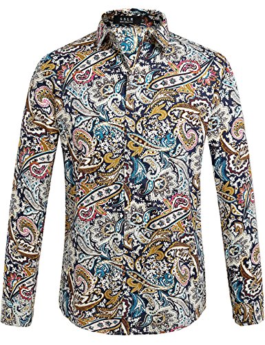 SSLR Camisa Estampado Cachemir Floral Manga Larga de Algodón de Hombre (Medium, Rojo Azul)