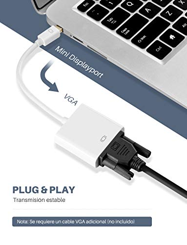 TOPELEK Mini DisplayPort a VGA Cable, Cable Adaptador Thunderbolt, para Apple Mac/MacBook Pro/Air/iMac, Surface pro 1/2/3, Thinkpad X1/Carbon/Touch/Helix, color blanco