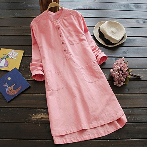 Tosonse Vestidos De Lino para Mujer Casual Summer Color Sólido De Manga Larga con Botones Vestido Largo con Bolsillo