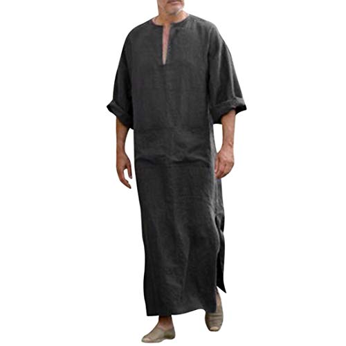 Túnicas étnicas para Hombres Suelta el Vestido Suelto de Manga Larga Vintage Kaftan Verde Negro