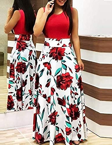 UUAISSO Mujer Vestido Fiesta Largo Manga Larga Floral Print Casual Verano Maxi Vestidos Playa Vacaciones L-Rojo-Sin Mangas 3XL