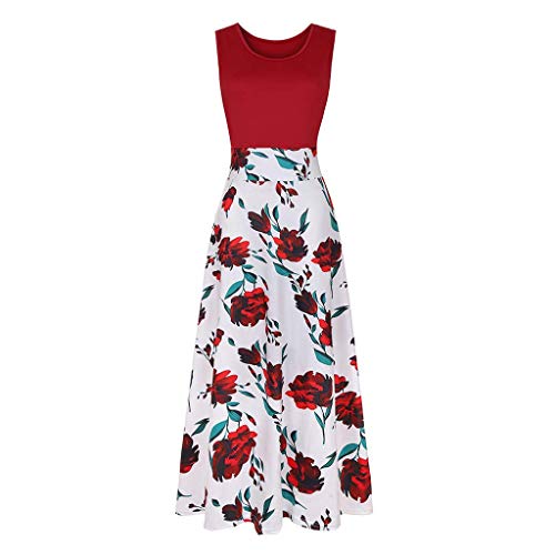 UUAISSO Mujer Vestido Fiesta Largo Manga Larga Floral Print Casual Verano Maxi Vestidos Playa Vacaciones L-Rojo-Sin Mangas 3XL