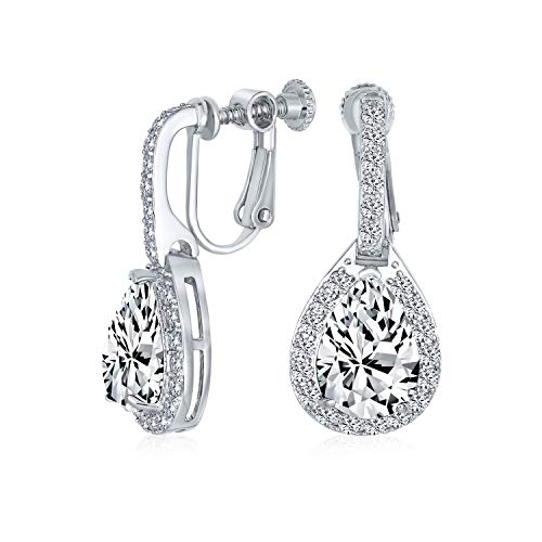 Vintage estilo halo claro cúbica Zirconia AAA CZ moda formal Dangle gota lágrima tornillo de nuevo clip en pendientes para las mujeres prom desfile dama de honor boda plata plateada