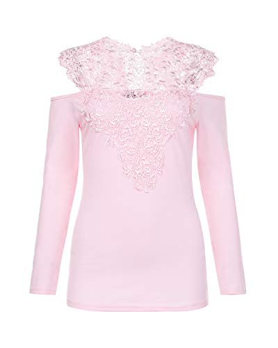 YOINS Blusa sexy con hombros descubiertos, camiseta de manga larga para mujer, blusa de encaje, moda patchwork, blusa tirolesa Sexy-rosa XL