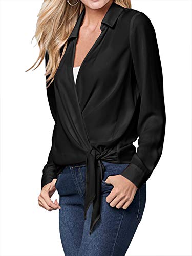 YOINS Camiseta Elegante para Mujer Blusa de Primavera de Manga Larga Sexy Tops Cruz de Seda con Cuello en V Color sólido Negro M