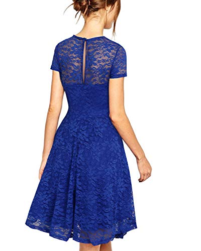 ZANZEA Mujer Vestidos de Fiesta Encaje Tallas Grandes Cuello Redondo Manga Corta Elegante Cóctel 01-Azul XXL