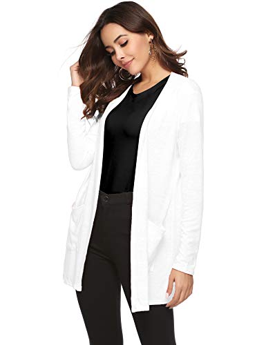 Abollria Cárdigan Mujer Largo Casual Chaqueta Punto Manga Larga Rebecas con Bolsillos para Primavera Verano Otoño Blanco, XXL