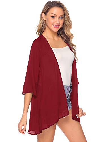 Abollria Playa Cárdigan Verano Chaqueta Kimono de Gasa Manga 3/4 Ropa de Baño Cover Up Casual Capas para para Mujer Rojo S