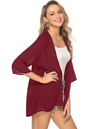 Abollria Playa Cárdigan Verano Chaqueta Kimono de Gasa Manga 3/4 Ropa de Baño Cover Up Casual Capas para para Mujer Rojo S