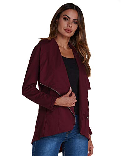 ACHIOOWA Chaqueta Corta Mujer Manga Larga Tops Casual Blusa Cárdigan con Frente Abierto Abrigos Solapa Oficina Vino Rojo M