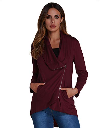 ACHIOOWA Chaqueta Corta Mujer Manga Larga Tops Casual Blusa Cárdigan con Frente Abierto Abrigos Solapa Oficina Vino Rojo M