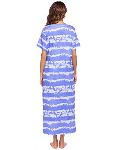 ADOME Camisón de manga corta para mujer, camisón de noche, vestido largo, vestido de playa, vestido de ocio, vestido de lactancia, ropa de dormir para verano Azul-B. XL