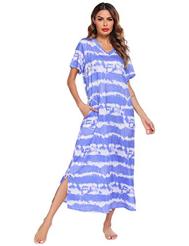 ADOME Camisón de manga corta para mujer, camisón de noche, vestido largo, vestido de playa, vestido de ocio, vestido de lactancia, ropa de dormir para verano Azul-B. XL