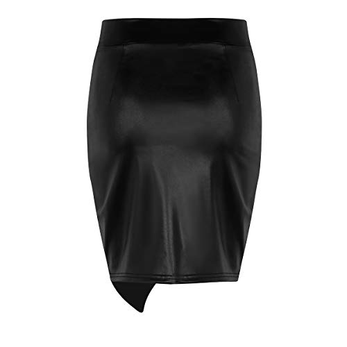 Agoky Mujeres Falda Recta Asimétrica Lateral Cintura Alta Falda de Cuero Negro Elasticidad Mini Falda Lápiz Bodycon A-Line Falda Oficina Básica por La Rodilla Negro X-Large