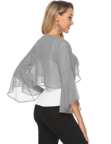 Aibrou Cardigan de Gasa Manga 3/4 Ruffle Chiffon para Mujer,Torera Corta,Mantón de Vacaciones,Bolero Casual Chaqueta de Gasa para Fiesta Boda,(Gris,XL)