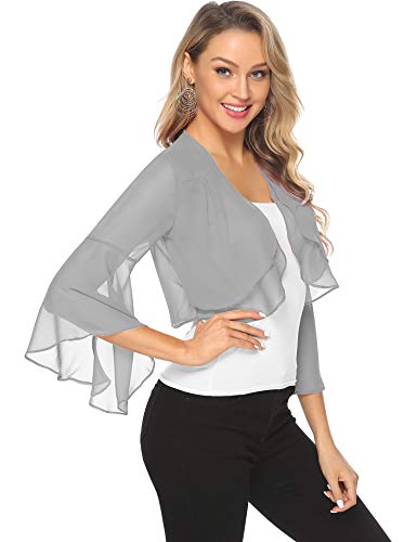 Aibrou Cardigan de Gasa Manga 3/4 Ruffle Chiffon para Mujer,Torera Corta,Mantón de Vacaciones,Bolero Casual Chaqueta de Gasa para Fiesta Boda,(Gris,XL)