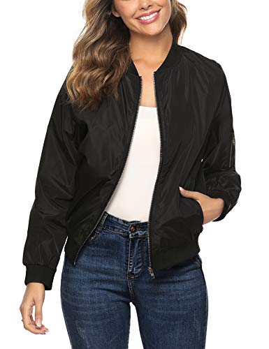 Aibrou Chaqueta Bomber Mujer Invierno,Cazadora Oversize,Suelto y cómodo Estilo Neutro,Casual Uniforme Beisbol con Cremallera,Cazadora Bomber Chaqueta Ligera (Negro, XXL)