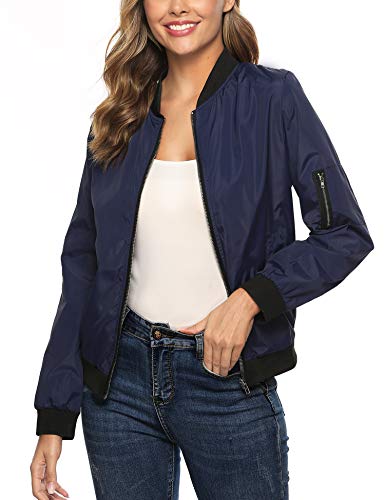 Aibrou Chaqueta Bomber Mujer,Cazadora Moto Jacket Mujer,Casual Uniforme Beisbol con Cremallera (Armada, S)