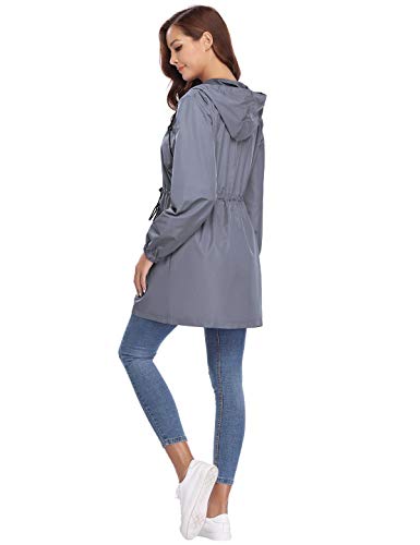 Aibrou Chaqueta Impermeable con Capucha para Mujer, Cazadora Ligera Impermeable al Aire Libre, Gris, L