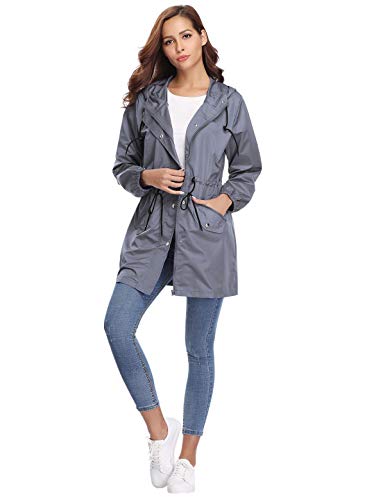 Aibrou Chaqueta Impermeable con Capucha para Mujer, Cazadora Ligera Impermeable al Aire Libre, Gris, L