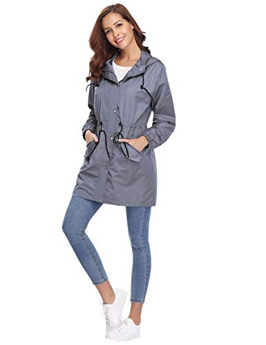 Aibrou Chaqueta Impermeable con Capucha para Mujer, Cazadora Ligera Impermeable al Aire Libre, Gris, XL