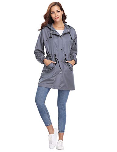 Aibrou Chaqueta Impermeable con Capucha para Mujer, Cazadora Ligera Impermeable al Aire Libre, Gris, XL