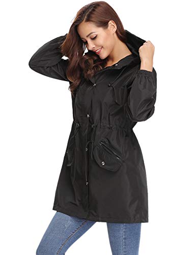 Aibrou Chaqueta Impermeable Mujer,Chaqueta Cortavientos Running Abrigo Impermeable con Capucha Chubasquero Impermeable Deportivo Chuvasqueros de Lluvia Primavera, Negro, XXL