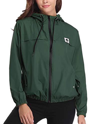 Aibrou Chubasquero Impermeable Deportivo para Mujer,Abrigo Impermeables con Capucha,Chuvasqueros de Lluvia Chaqueta Cortavientos Running  para Primavera, (Verde Oscuro, M)