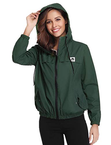 Aibrou Chubasquero Impermeable Deportivo para Mujer,Abrigo Impermeables con Capucha,Chuvasqueros de Lluvia Chaqueta Cortavientos Running  para Primavera, (Verde Oscuro, M)