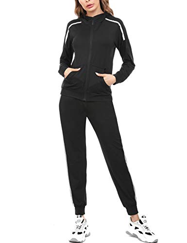 Aibrou Conjunto Chándal de Mujer Sudadera con Cremallera y Pantalones, Trajes de 2 Piezas Deporta Moda de Manga Larga Ropa de salón Corredores, (Negro , S)