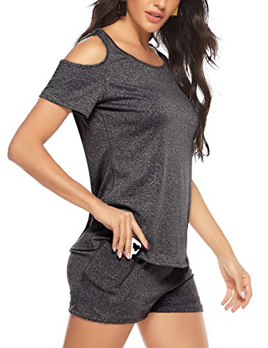 Aibrou Mujer Conjunto de ropa deportiva Secado rápido Top y pantalones cortos Chandal 2 piezas ropa de fitness para Gimnasio Yoga de entrenamiento (Gris oscuro L)