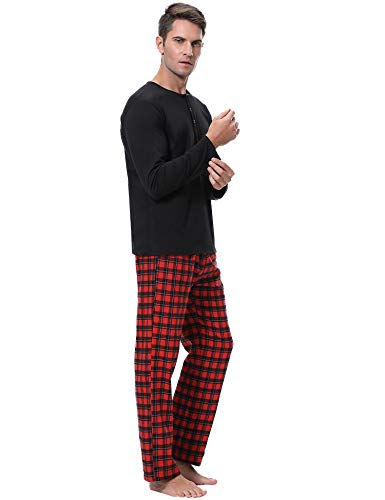 Aibrou Pijama Hombre Algodón Invierno Largo,Pijamas Cuadros Ropa de Dormir Causal Camiseta y Pantalones Cómodo cálido Talla S-XXL