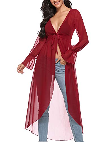 Akalnny Mujer Cárdigan Largo Elegante con Manga Larga Dobladillo Irregular Chaqueta de Gasa Drapeado para Vacaciones Fiesta Playa(Vino Rojo, S)